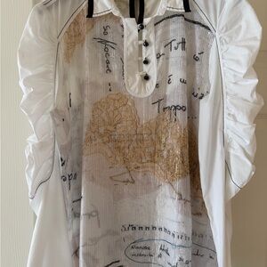 Elegant White and Gold Blouse with Ruffle Sleeves